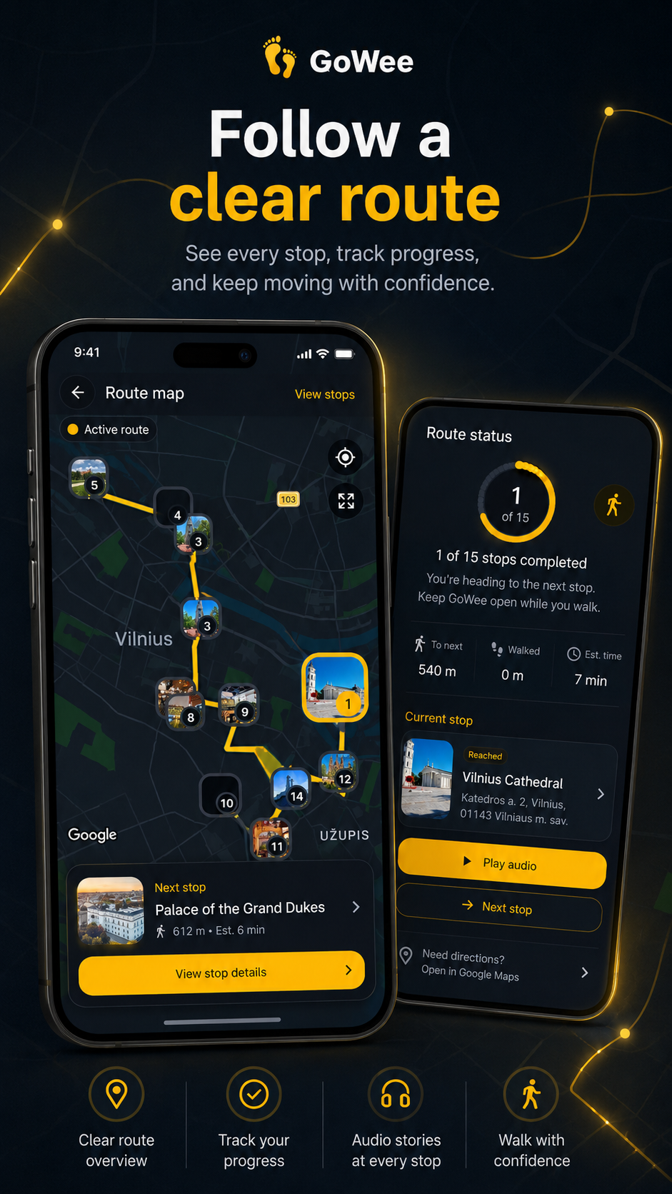 A personal walking route with ordered stops, progress and stories.